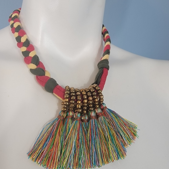 Hand Made silk threads and recycled t-shirt necklace red with colorful tassels - Picture 3 of 9